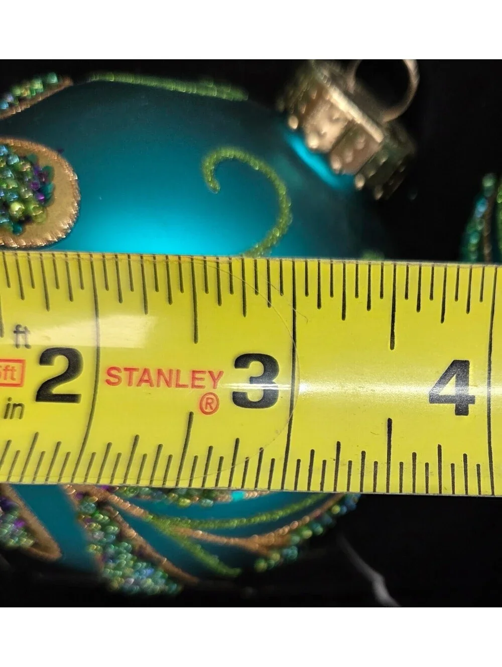 Set of 4 Teal Glass Christmas Ball Ornaments Gold Glitter Swirl Beaded 3.25